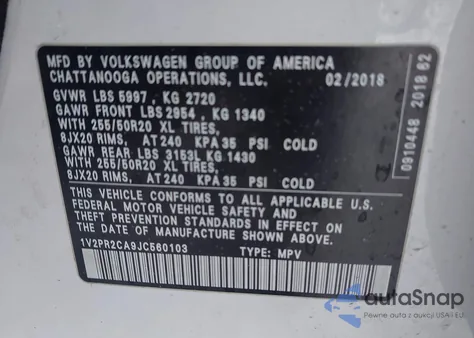 2018 Volkswagen Atlas 3.6L V6 Se W/Technology from USA, damaged, VIN 1V2PR2CA9JC560103